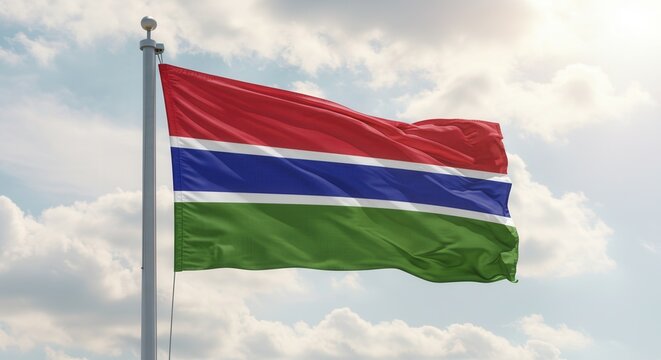 Gambia National Flag Waving on Tall Flagpole in Sky with Clouds – Gambia Independence Day Celebration, Patriotism, Freedom, Gambia Culture & Heritage - Powered by Adobe
