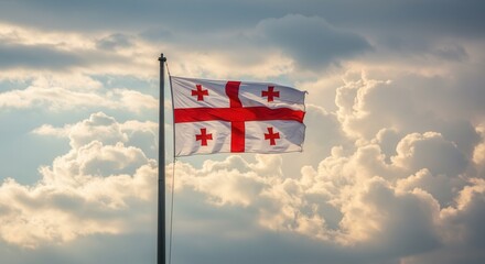 Georgia National Flag Waving on Tall Flagpole in Sky with Clouds – Georgia Independence Day Celebration, Patriotism, Freedom, GeorgiaCulture & Heritage