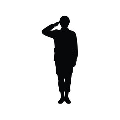 Silhouette of a soldier in uniform saluting respectfully isolated on white background
