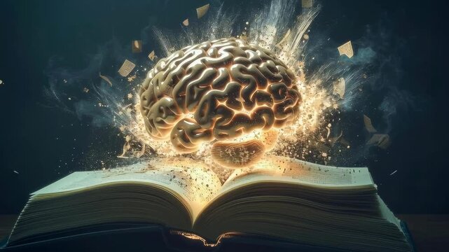 A brain is exploding out of an open book. The brain is surrounded by smoke and debris, and the book is open to a page with a large brain on it. The scene is chaotic and intense
