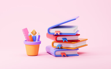 A heap of books and learning stationery, 3d rendering.