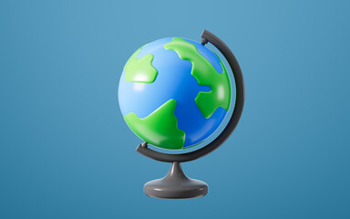 Cartoon terrestrial globe isolated in the blue background, 3d rendering.