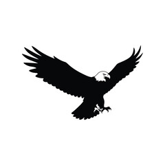 Silhouette of a majestic bald eagle in flight with wings spread wide isolated on white background
