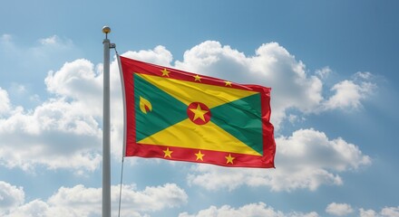 Grenada National Flag Waving on Tall Flagpole in Sky with Clouds – Grenada Independence Day Celebration, Patriotism, Freedom, Grenada Culture & Heritage