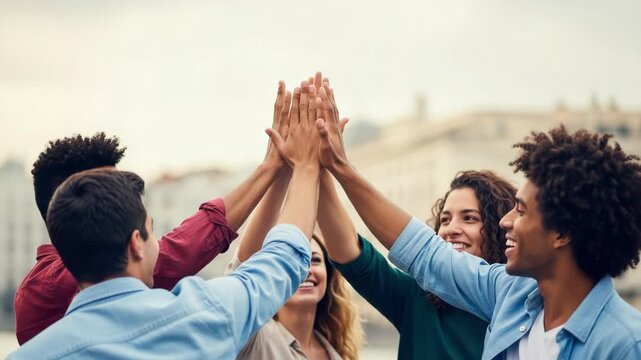 A diverse group of young adults joyfully engaging in a high-five celebration outdoors with a picturesque cityscape in the background symbolizing friendship and teamwork