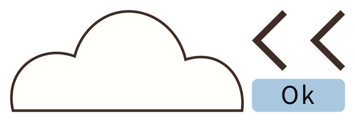 Cloud outlined with coding brackets and blue confirmation button reading Ok. Ideal for coding, cloud technology, data storage, web development, digital security, user interactions, simple flat