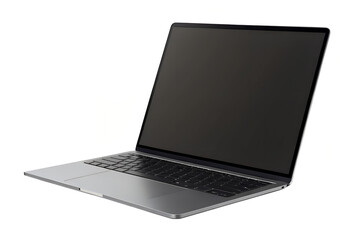Close up view of a modern silver laptop with a dark screen on a white background