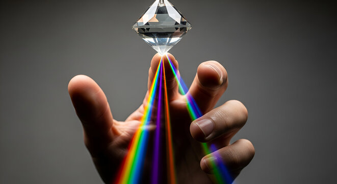 Finger Touching Crystal Pendant Splitting White Light into Spectrum