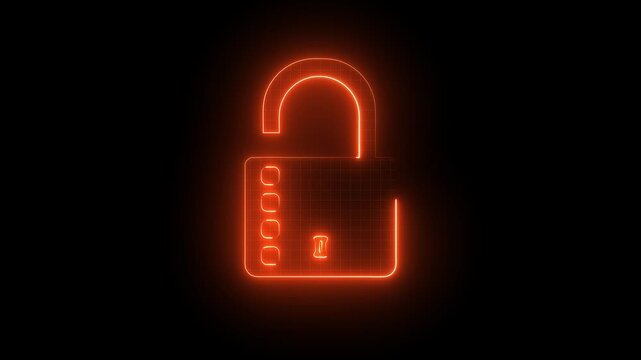 Neon glowing lock and unlock symbols, secure access icons, digital security sign on futuristic background