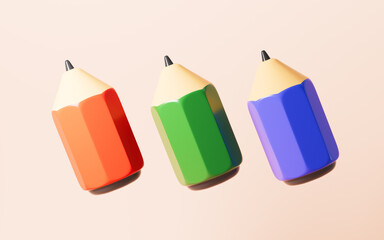Cartoon multi-colored pencils in the yellow background, 3d rendering.