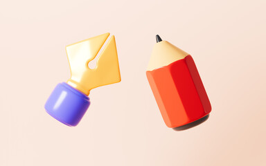 Cartoon blue pen and pencil in the yellow background, 3d rendering.