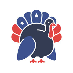 Patriotic american turkey with stars and stripes tail feathers isolated on white background