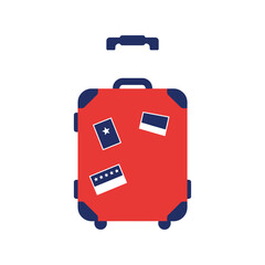 Bright red suitcase with stickers and retractable handle isolated on white background