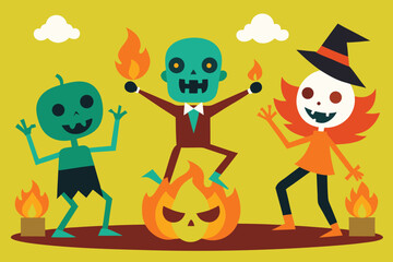 Halloween, Adorable halloween characters including ghosts bats and pumpkins with a witch hat
