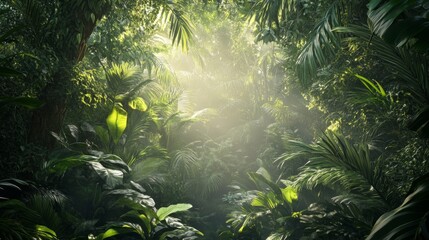 A deep jungle scene with sunlight filtering through thick leaves 
