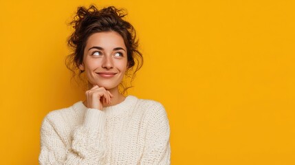 beautiful glad woman smiles tenderly looks away with happy expression thinks about pleasant things wears casual soft jumper isolated over yellow background blank copy space for your promotion no logo
