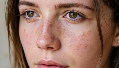Fototapeta premium portrait of woman with uneven skin texture, acne scars, and active breakouts under natural lighting
