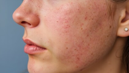 clinical setting, female face marked with acne and post inflammatory hyperpigmentation, side profile