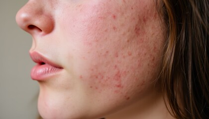 Obraz premium unedited real skin photo of woman with hormonal acne and facial redness, soft studio lighting