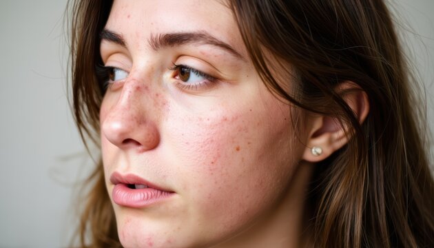 unedited real skin photo of woman with hormonal acne and facial redness, soft studio lighting