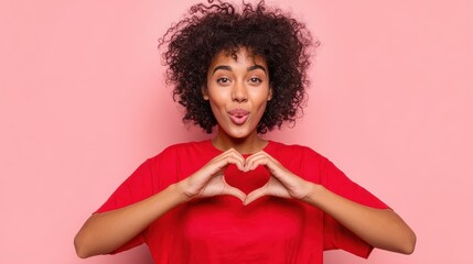 pretty curly african american woman confesses in love makes heart gesture shows her true feelings has happy expression wears casual red t shirt poses over pink background relationship concept no logo