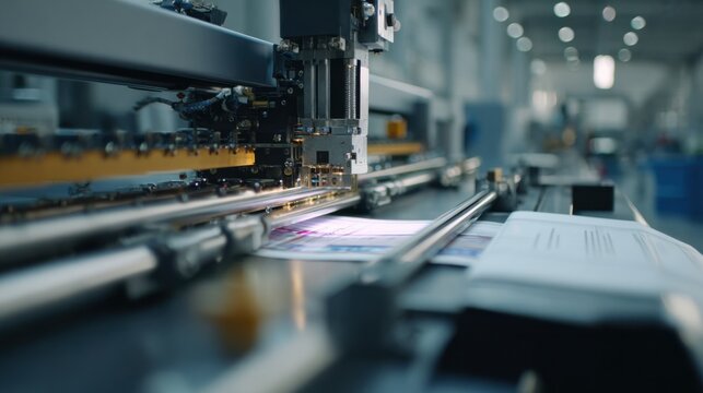 Medium shot capturing the embossing process of microchipembedded diplomas via a blockchain credential printer emphasizing advanced security features and a blurred industrial