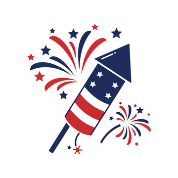 American flag themed rocket firework exploding with stars and sparks isolated on white background