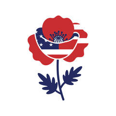 Red poppy with american flag design symbolizing remembrance and patriotism isolated on white background