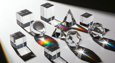Transparent Geometric Crystal Prisms and Shapes Including Cubes, Pyramids, Sphere and Faceted Forms Casting Colorful Rainbow Light and Reflections on a White Surface