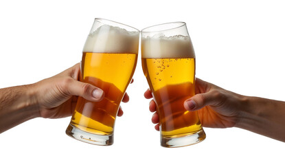 Two hand hold a glasses of beer toasting isolated on transparent background