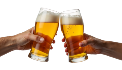 Two hand hold a glasses of beer toasting isolated on transparent background