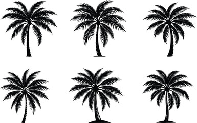 A tropical summer landscape vector illustration of palm tree silhouettes on a paradise beach island against the setting sun