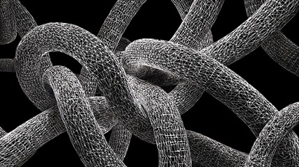 Wireframe tubes interweave on black. Abstract design element with interconnected structure. Use for technology, science, or conceptual projects.