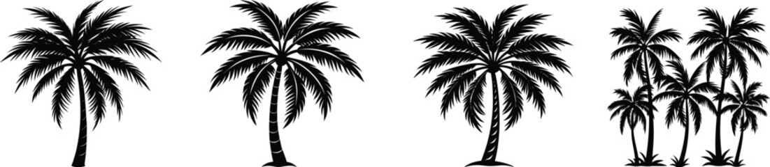 A vibrant tropical summer illustration of a palm tree silhouette on a beach with a setting sun over the ocean