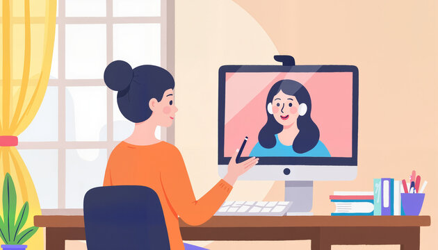 Woman engaging in online webinar at tidy desk, remote learning