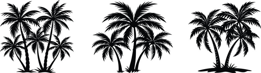 Obraz premium A beautiful tropical paradise with a black palm tree silhouette against a vibrant orange and purple sunset on the beach