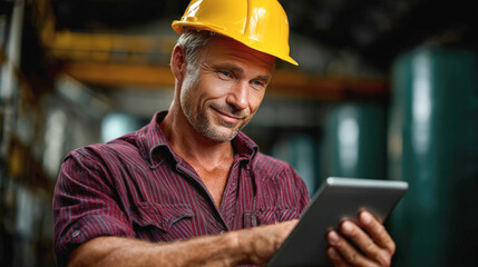 Construction worker wearing hard hat uses tablet in industrial setting, showcasing focus on technology and safety in workplace