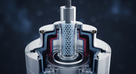 Crosssectional diagramstyle image of the internal components within a space elevator tether attachment illustrating innovative materials and joint reinforcement.