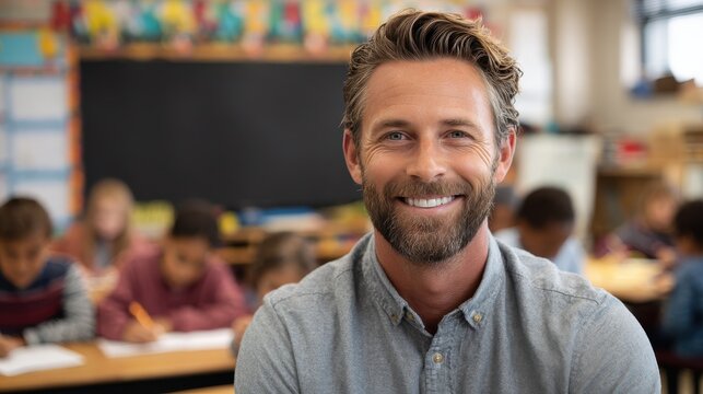 teacher smiling at camera in classroom at the elementary school no logos no brands ar 169