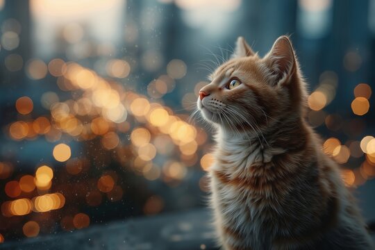 A cat looking out a window at the city at night