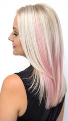 Woman with Blonde Hair and Pink Highlights Wearing a Black Top