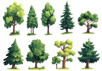 Fototapeta premium Illustrations of forest trees, such as green fir and pine, in compositions and as isolated trees, with signs for forest botanicals and green tree trunks in a woodland or park setting, in a modern