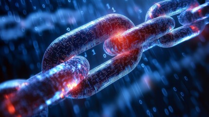 Digital chain link with glowing red weak point, binary code background.
