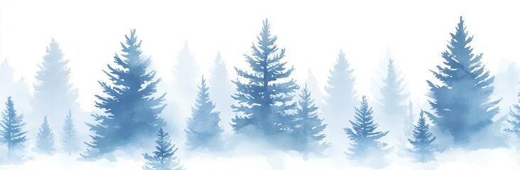 Fototapeta premium Fir trees on a white background are part of a seamless pattern depicting a foggy spruce forest
