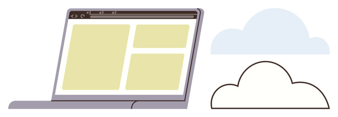 Open laptop displaying website layout alongside graphic clouds denoting data storage, browsing, and digital interaction. Ideal for cloud computing, digital marketing, website design, remote work