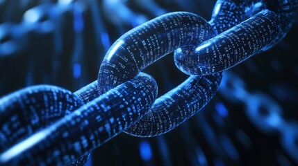 Close-up of a digital chain link, glowing blue, with data code inscribed.
