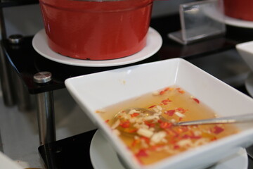 fish sauce asia vietnam Composition with chili sauce in bowl on table. High quality photo