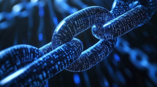 Close-up of a digital chain link, glowing blue, with data code inscribed.