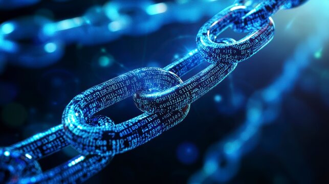 Glowing blue chain link made of digital code.