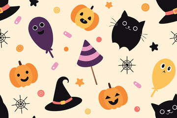 Halloween, Adorable halloween vector design featuring ghosts bats pumpkins and witches in a festive pattern